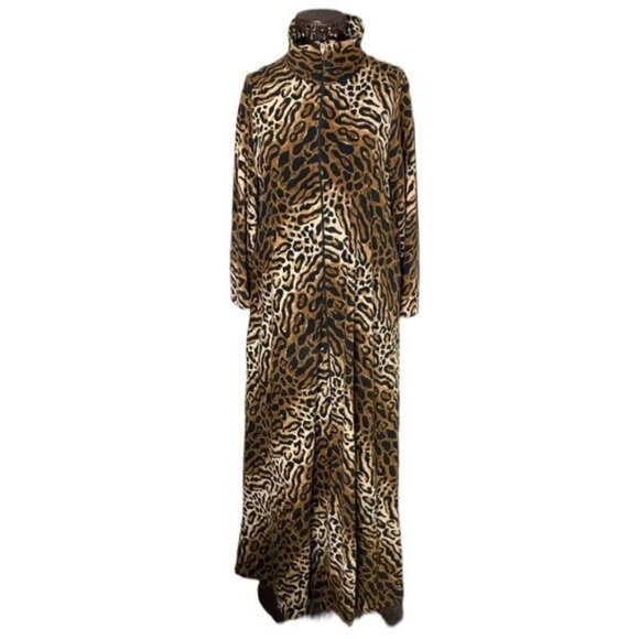 60s-70s Dela Ann Maxi Mock Neck Housedress or Robe Animal Print Leopard